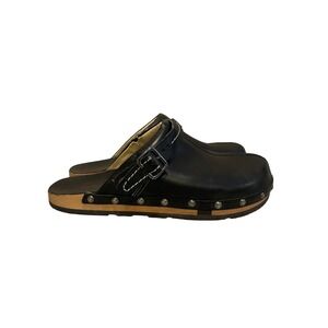 Kalso Earth Shoe Black Leather Studded Clog Wood Platform Buckle Strap Women 7